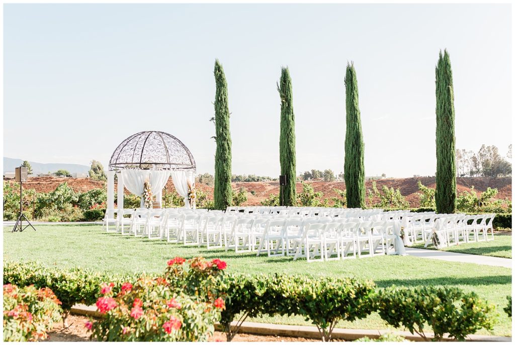 Side view of the outdoor ceremony space at Avensole Winery wedding venue in Temecula, California.