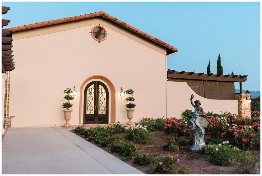 Evening shot of the exterior of Avensole Winery wedding venue in Temecula.
