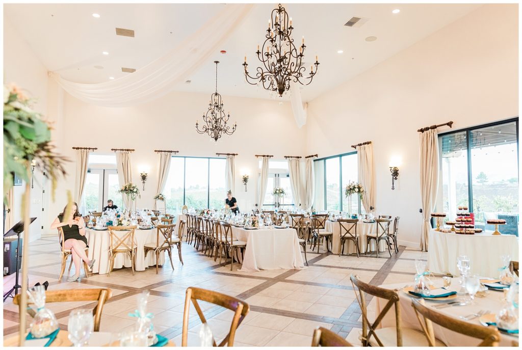 A wide view of the interior ballroom at Avensole Winery wedding venue in Temecula.