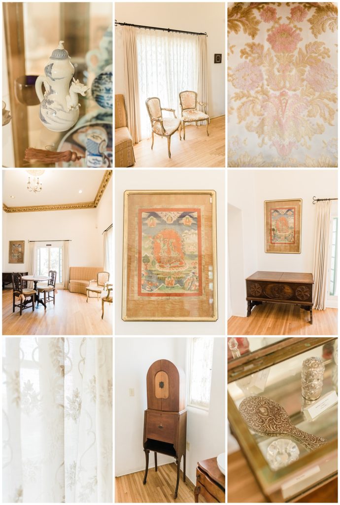Historic artifacts and furniture details in the light and airy bridal suite at Casa Romantica wedding venue in Southern California.