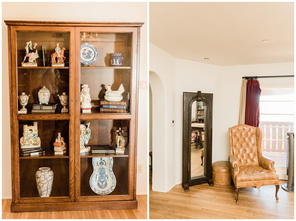 Historic details like old books and sculptures inside the Groom getting ready suite at Casa Romantica wedding venue in Southern California.