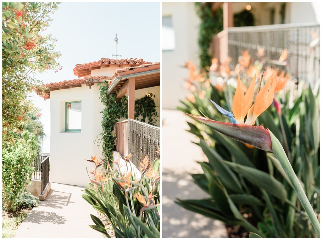 Exterior view of the groom getting ready suite at Casa Romantica wedding venue in SoCal, including the gardens with birds of paradise flowers.
