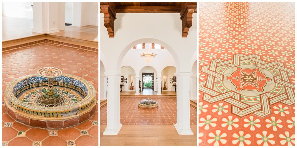 Details of the Main Salon reception space including the fountain and hand painted tiles at Casa Romantica Wedding venue.