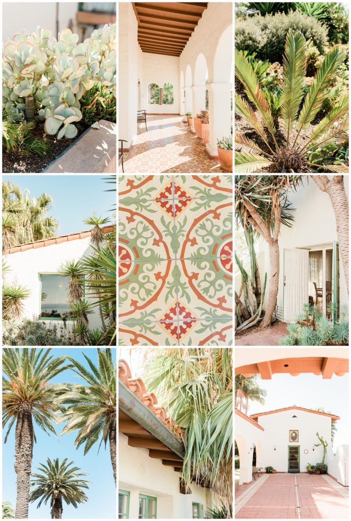 Details including hand-painted tiles, palm trees, gardens, and Spanish-style architecture at Casa Romantica wedding venue in Orange County, CA.