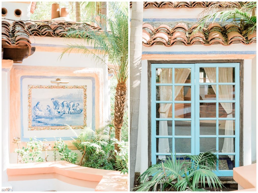 Details of Rancho Las Lomas wedding venue in Southern California, with a hand painted blue and white mural, and blue window panes on the exterior of the bridal suite.