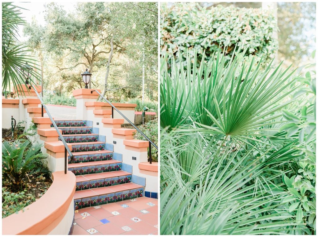 Staircase tile details and palm leaves outside of the Rancho Las Lomas groom suite.