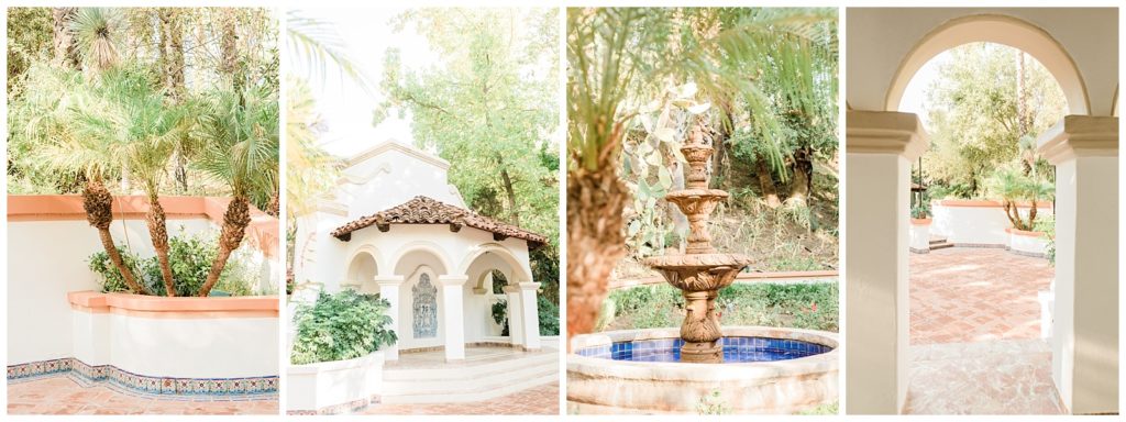 Aesthetic details of El Teatro at Rancho Las Lomas, including the stage, a fountain, gardens and architectural details.