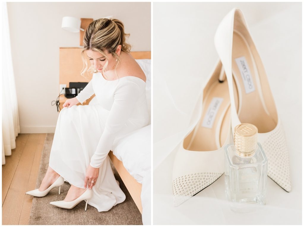 A bride puts on her white Jimmy Choo heels at her Roundhouse Hotel winter wedding day.