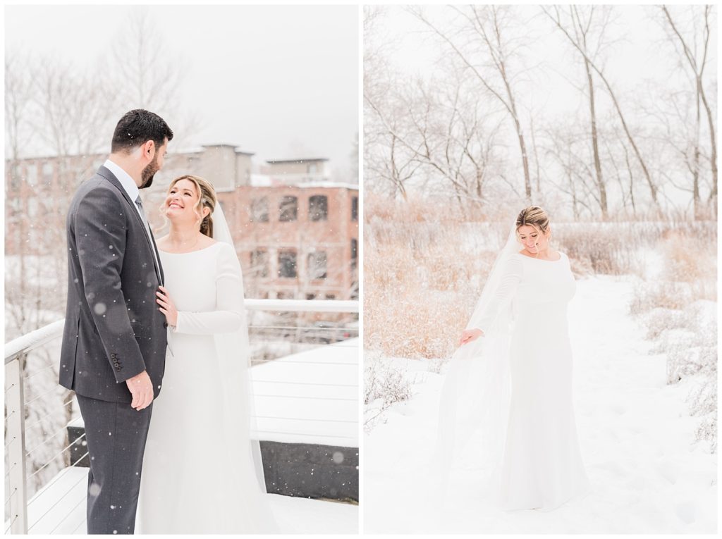 Bride and groom look at each other as snow falls around them in Beacon NY on a balcony at Roundhouse Hotel winter wedding inspiration.