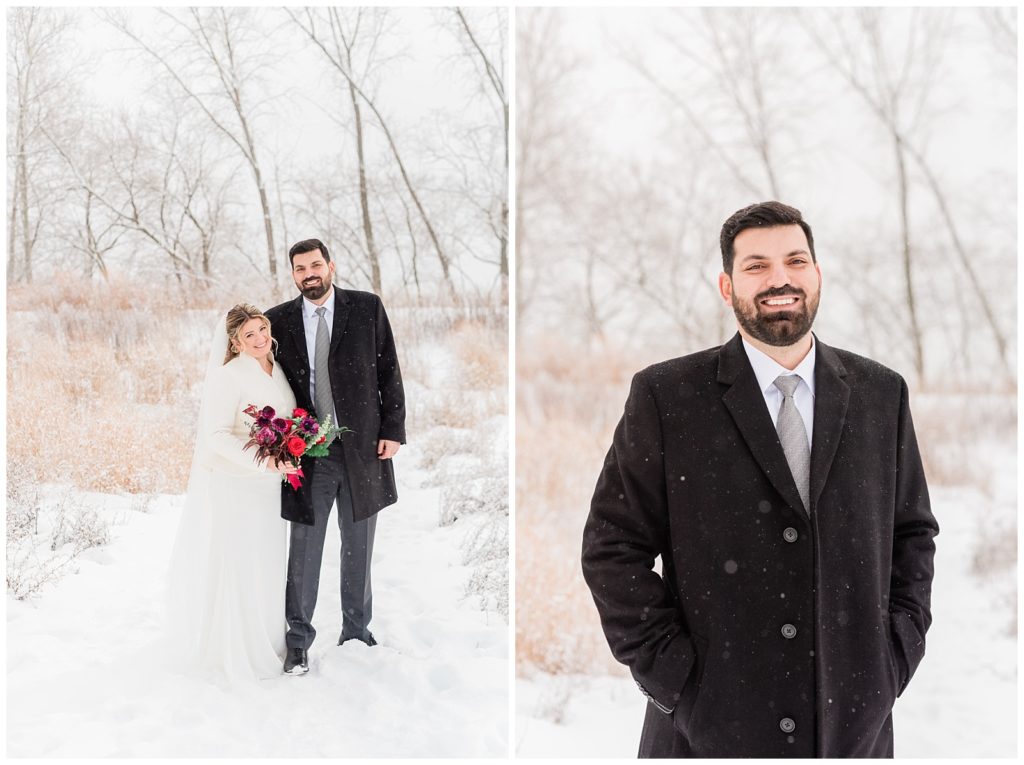 Bride and Groom smile at the camera as the snow falls around them in Beacon NY at Roundhouse Hotel winter wedding inspiration.