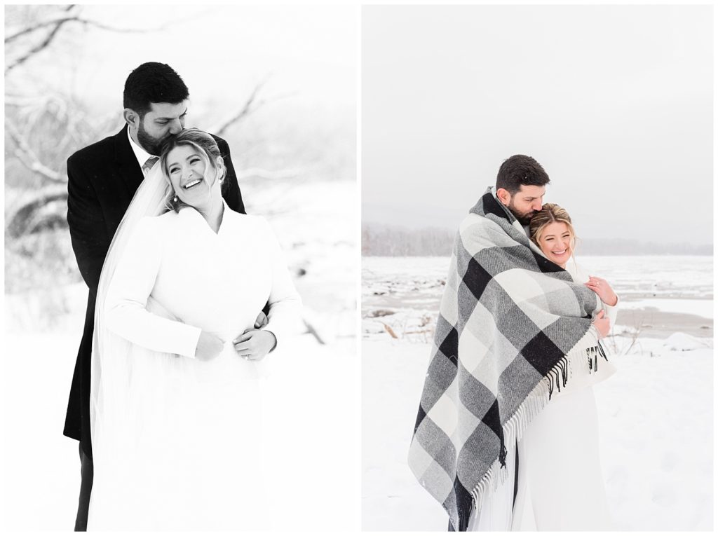A bride and groom wrap up together in a blanket as the snow falls around them in Beacon NY at Roundhouse Hotel winter wedding inspiration.