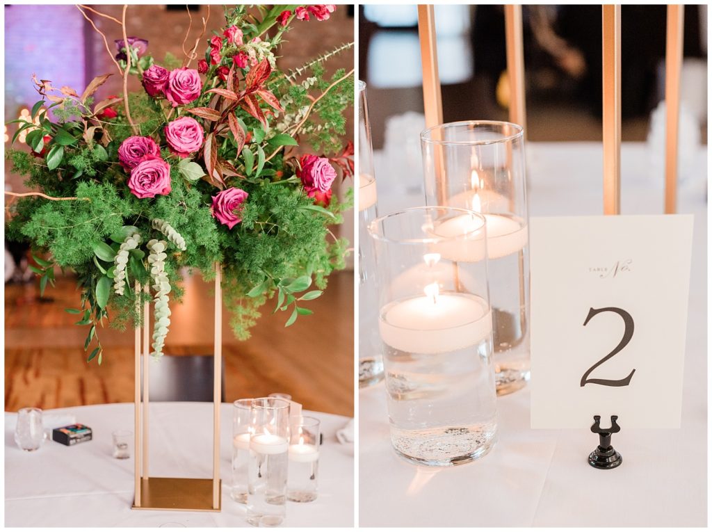 Wedding reception centerpieces in Beacon NY at Roundhouse Hotel winter wedding inspiration.