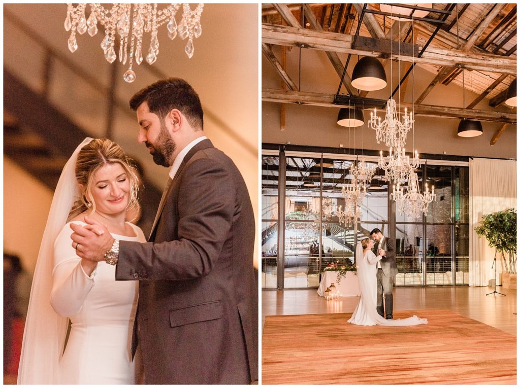 Bride and groom share a first dance at their winter wedding in Beacon NY at Roundhouse Hotel winter wedding inspiration.in Beacon NY at Roundhouse Hotel.