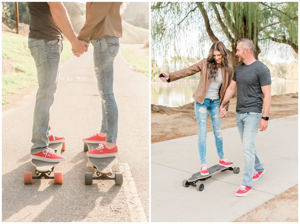 A couple holds hands skateboarding through Fairmount Park in Riverside, California.