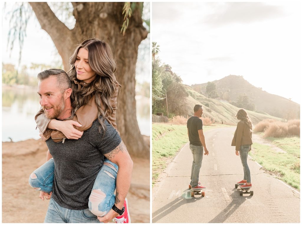 Engagement photos in Fairmount Park, Riverside California, showing a couple doing a piggy back ride, paired with another image of the couple skate boarding off towards the mountains.