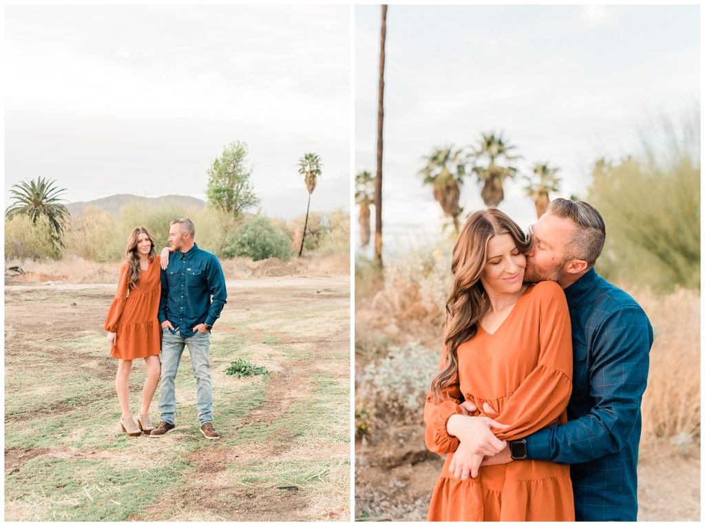 Film light and airy style engagement photos of a couple in Riverside California.