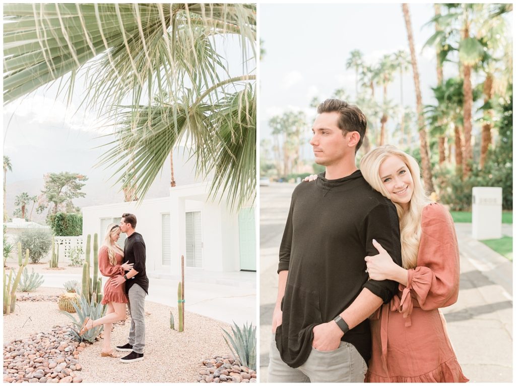A woman rests her head on her fiance's back when posing for photos on a neighborhood street during their Palm Springs California engagement session.