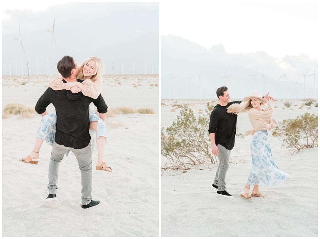 A couple slow dances in a windmill field in Palm Springs in Southern California for their engagement session.