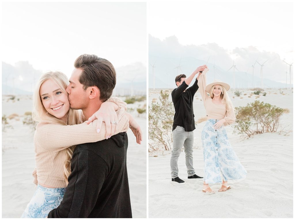 Light and airy engagement photos in the windmill field in Palm Springs, California.